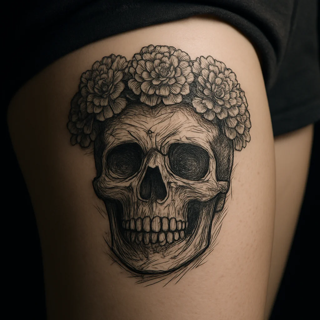 Sugar skull crowned with cempasuchil marigolds tattooed in illustrative color on the thigh