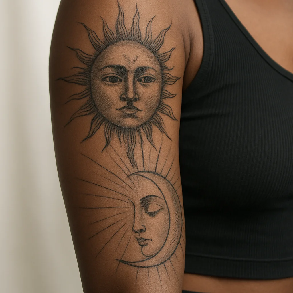 Sun and moon face sleeve tattoo split between deltoid and inner forearm in black and grey
