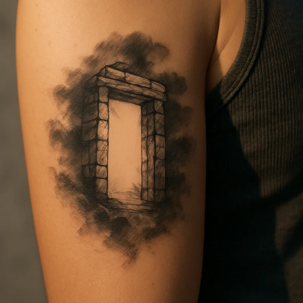 Surreal doorway in the clouds tattoo in black and grey on a woman's upper arm