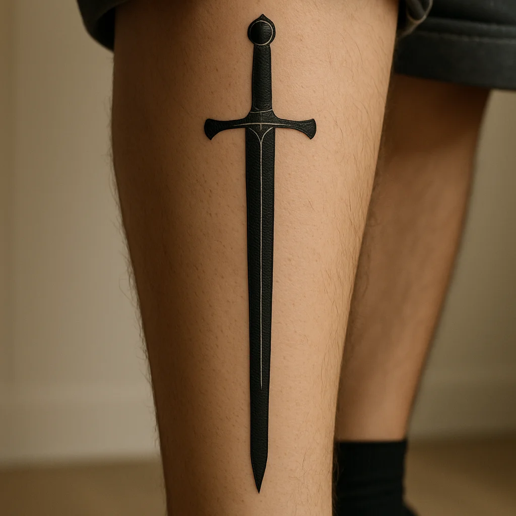 Sword tattoo running vertically down the shin along the bone ridge in bold blackwork
