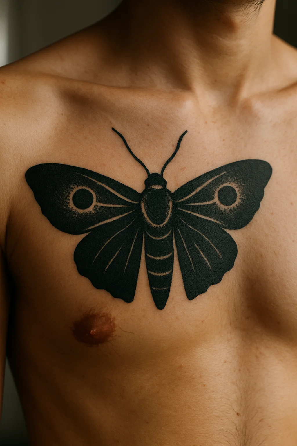 Symmetrical blackwork moth with folded wings and stippled eye-spots tattooed on the sternum
