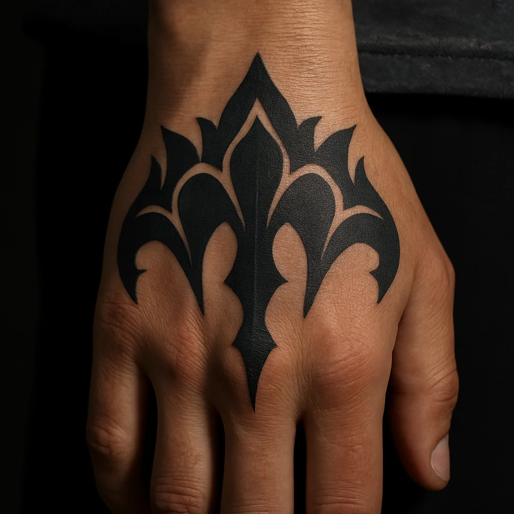 Symmetrical blackwork ornament with dagger arches pointing toward the wrist on the back of the hand