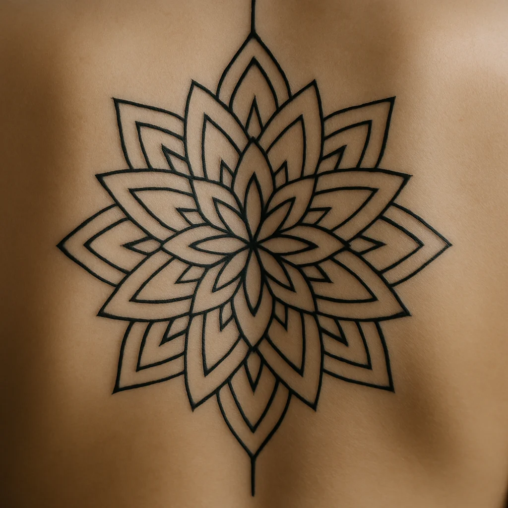 Symmetrical geometric mandala with open negative space tattooed along the spine in fine black linework