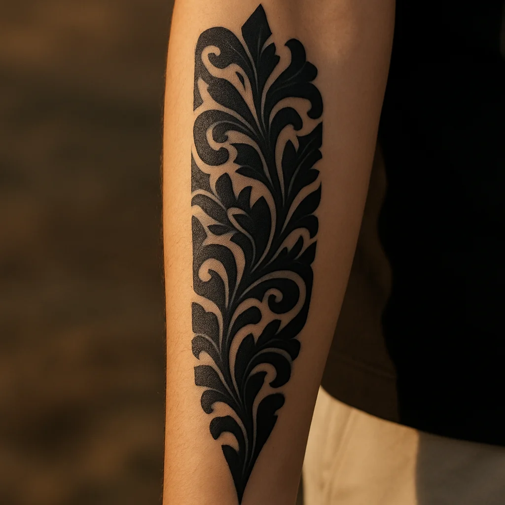 Tapering ornamental blackwork pattern panel on the outer forearm