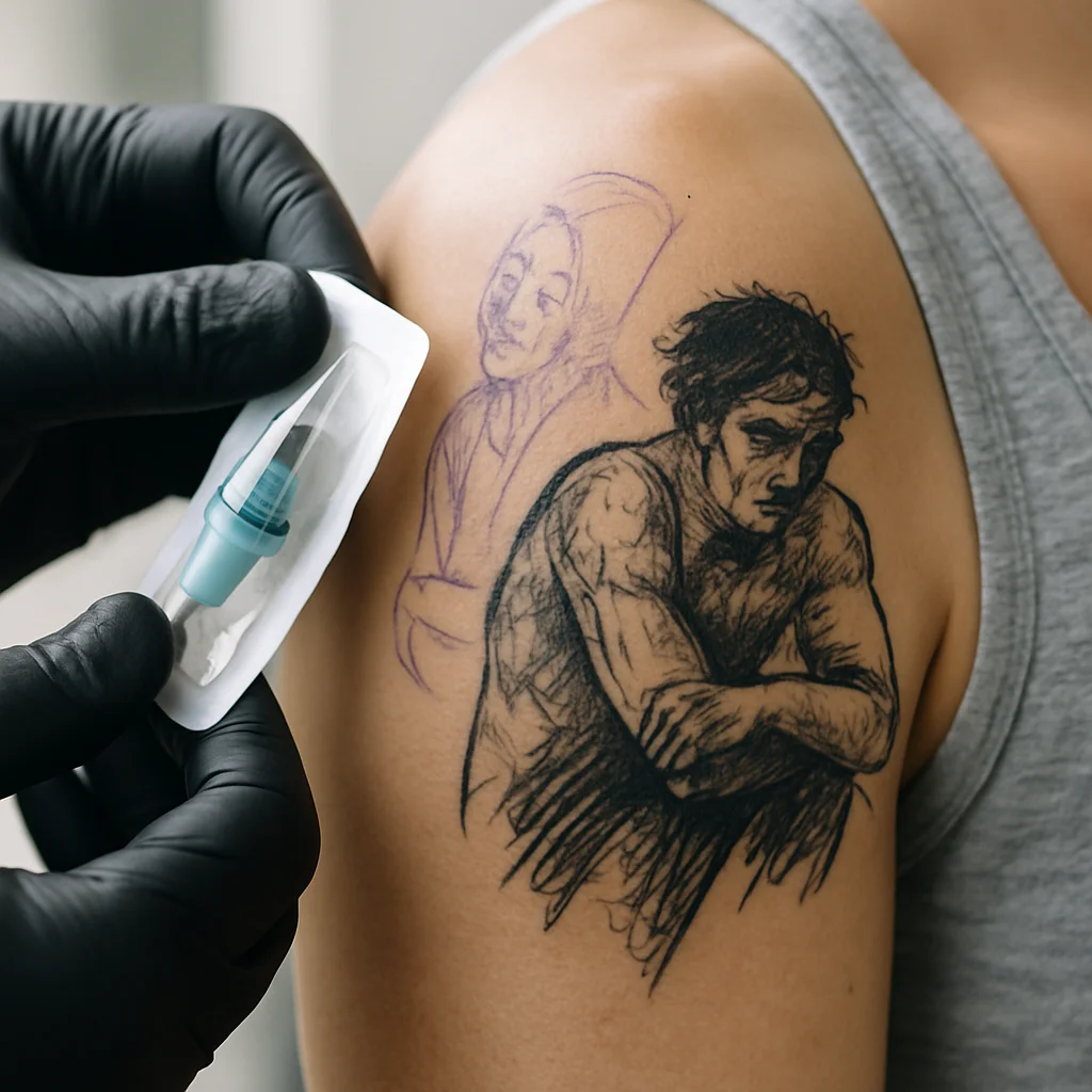 Tattoo artist in fresh gloves opening a sealed cartridge beside a stencilled shoulder tattoo in a clean studio