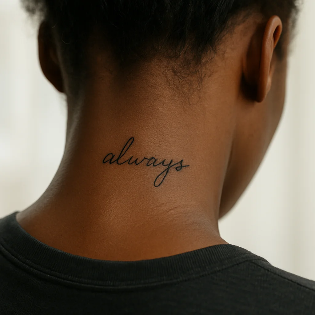 The handwritten word always tattooed in fine-line script at the nape of the neck