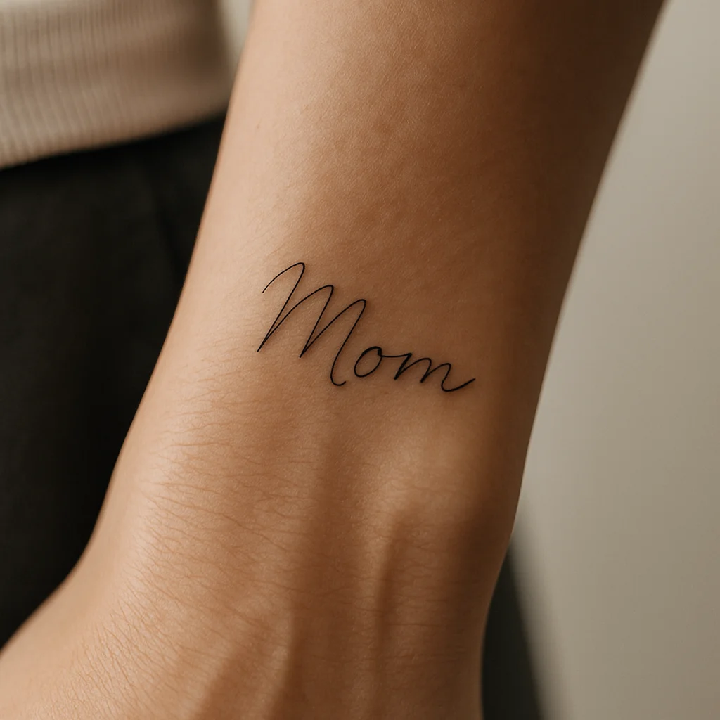 The word Mom in a mother's handwriting tattooed in fine-line script on the inner wrist