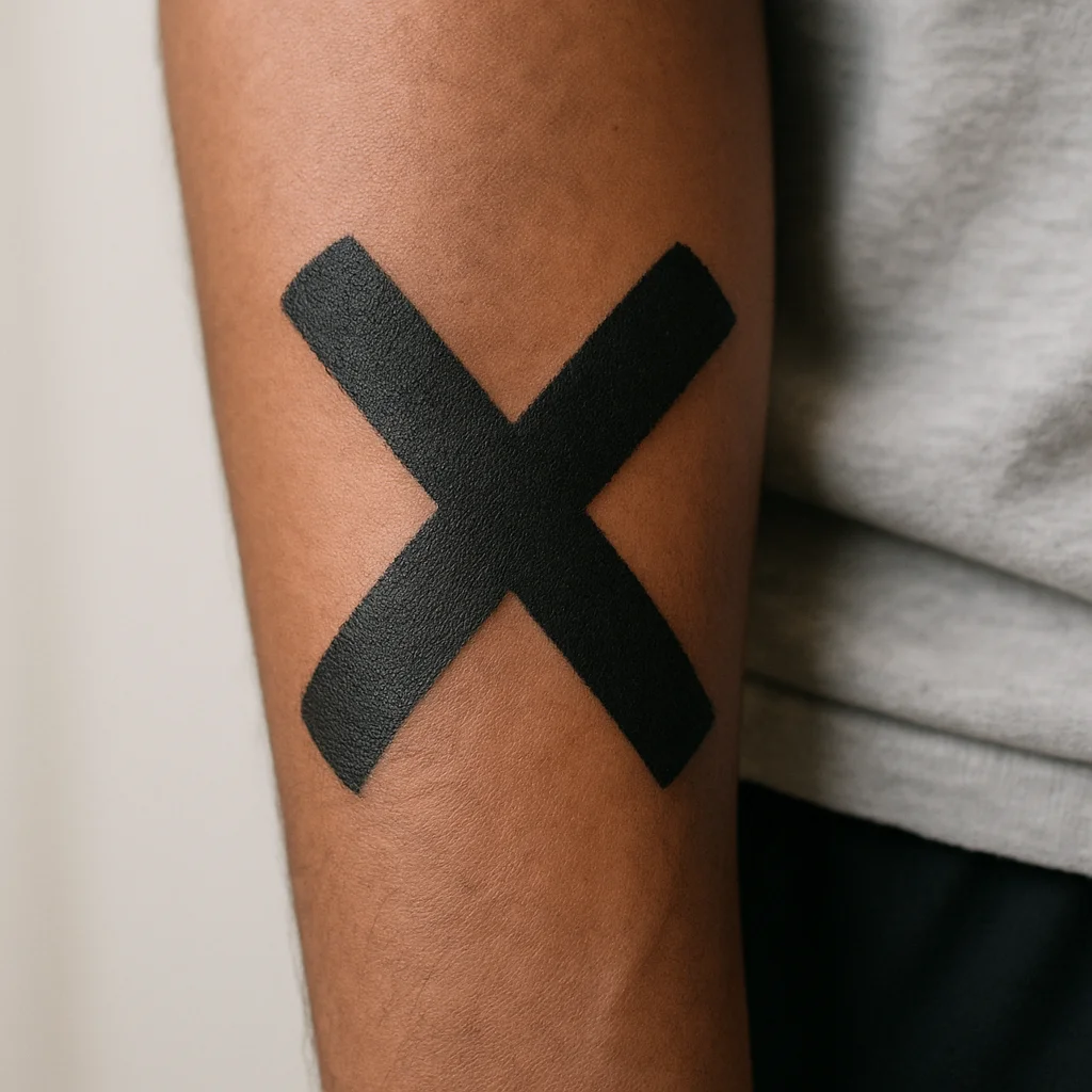 Thick cross-stitch X tattoo in bold blackwork strokes on outer forearm