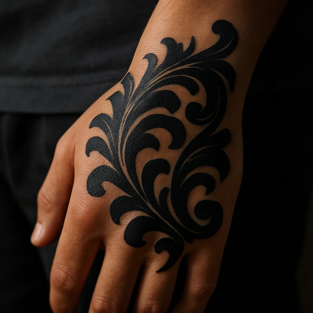 Thick ornamental filigree tattoo reaching from the wrist over the thumb web in blackwork