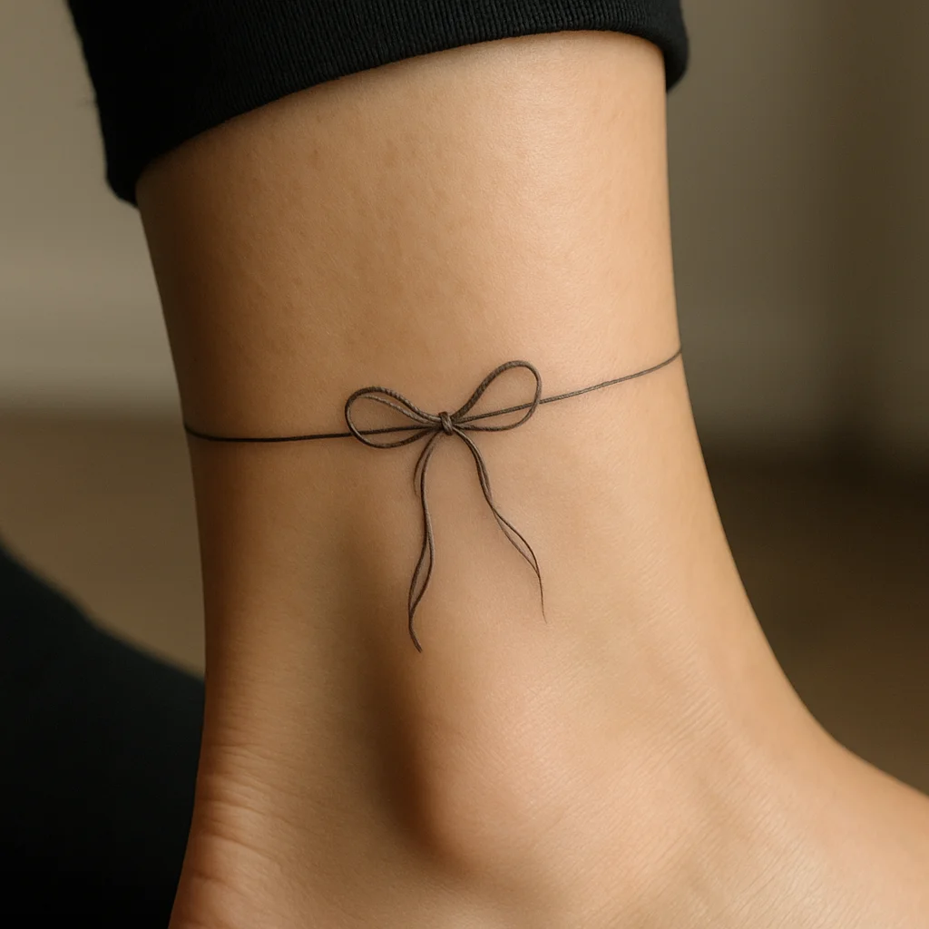 Thin band tattoo tying into a small bow with trailing ribbon tails on the ankle
