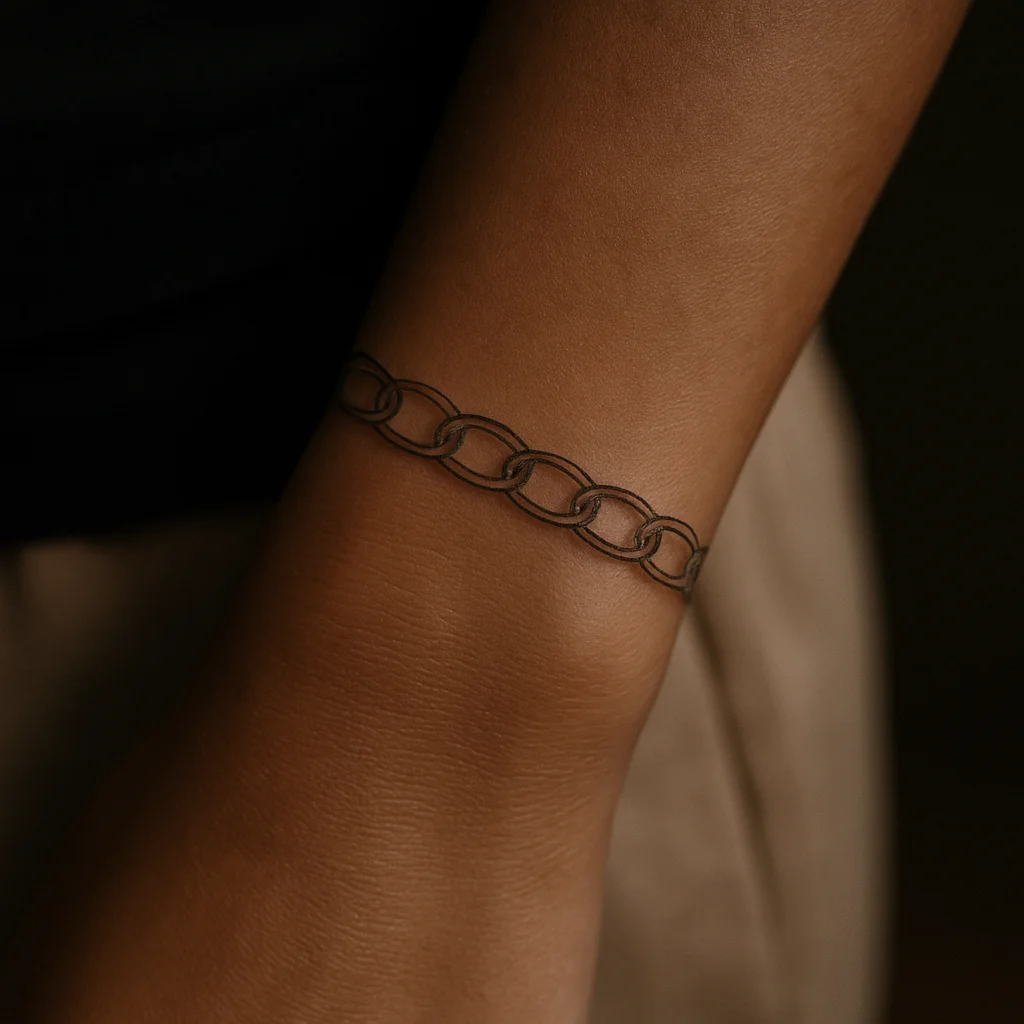 Thin chain bracelet tattoo in fine-line style along the side of the wrist