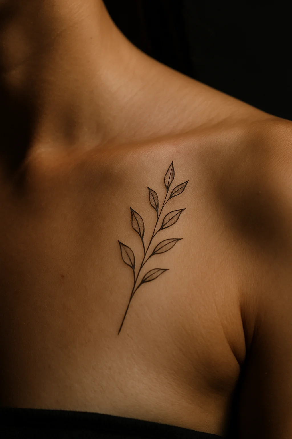 Thin-line botanical stem tattoo fully healed along the collarbone