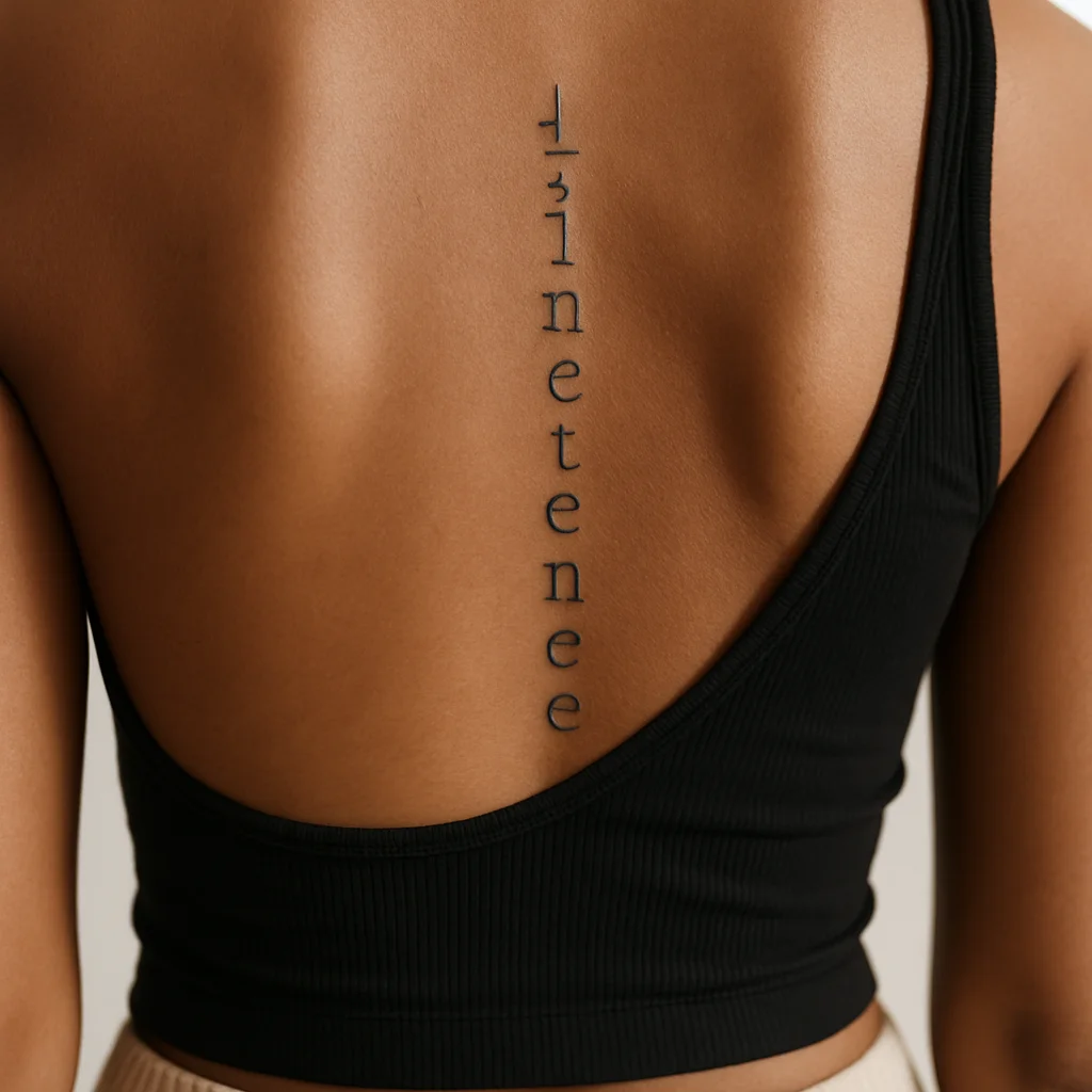 Thin serif sentence tattoo with upright stacked letters running down the spine on a woman's middle back