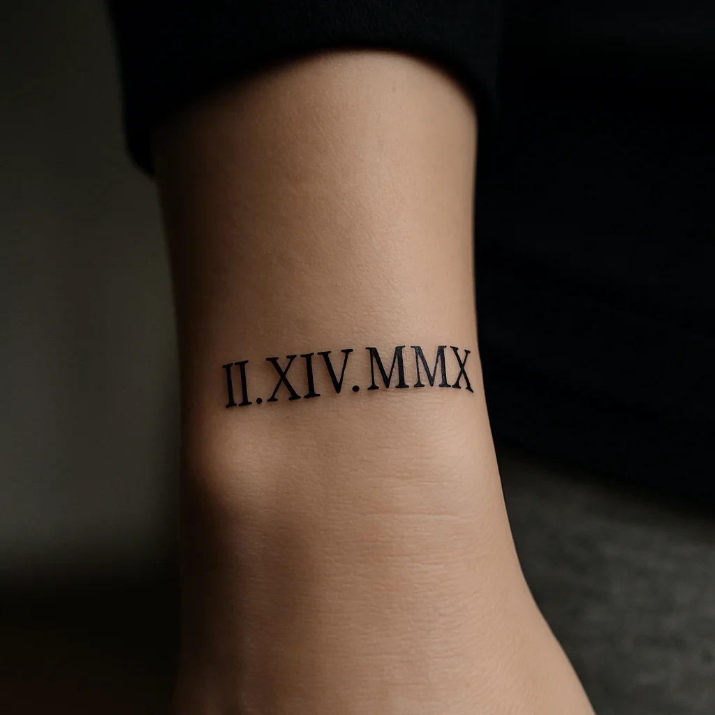 Thin slab-serif Roman numeral date tattoo, minimalist style, on the side of the wrist