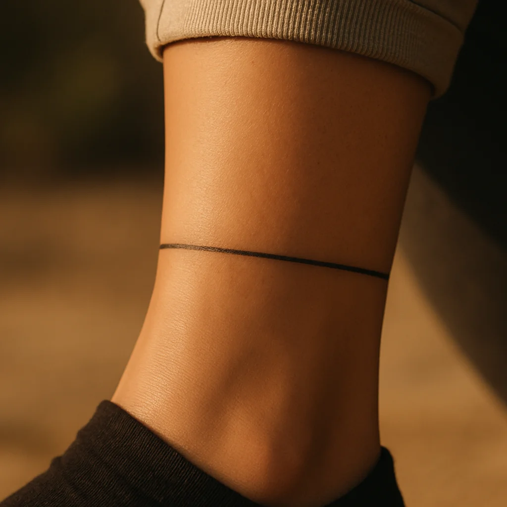 Thin solid band tattoo circling the leg just above the ankle bones