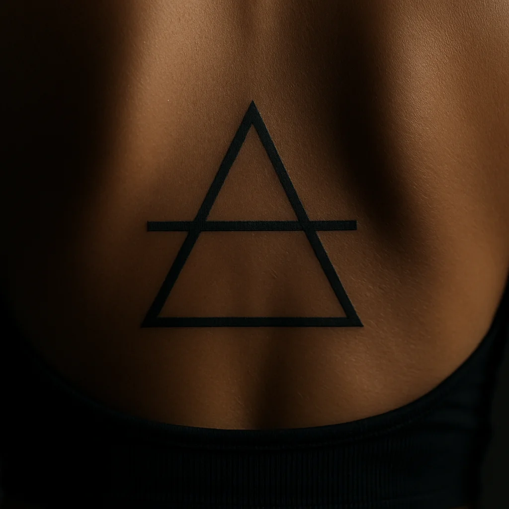 Thin triangle with an offset horizontal bar tattooed in geometric style along the spine