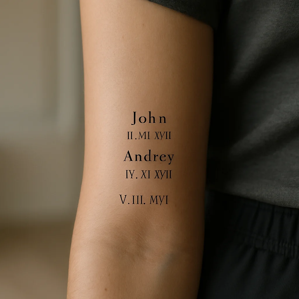 Three children's names stacked in a column with Roman numeral birthdates, fine-line tattoo on the inner forearm