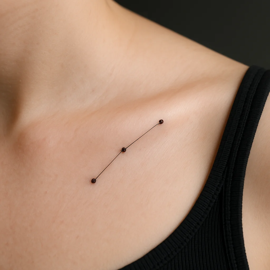 Three-dot constellation with two connecting lines, fine-line tattoo on the collarbone