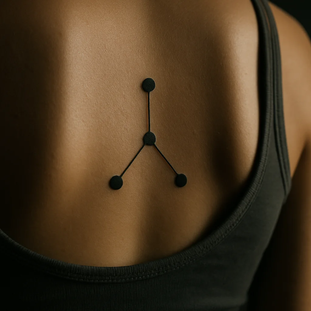 Three-dot constellation with two connecting lines, geometric micro tattoo along the spine