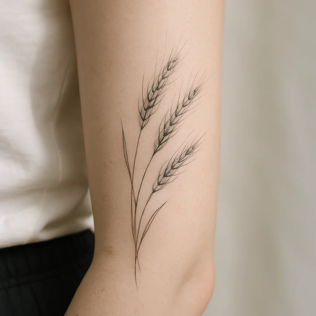 Three fine-line wheat stalks curving along a man's inner forearm