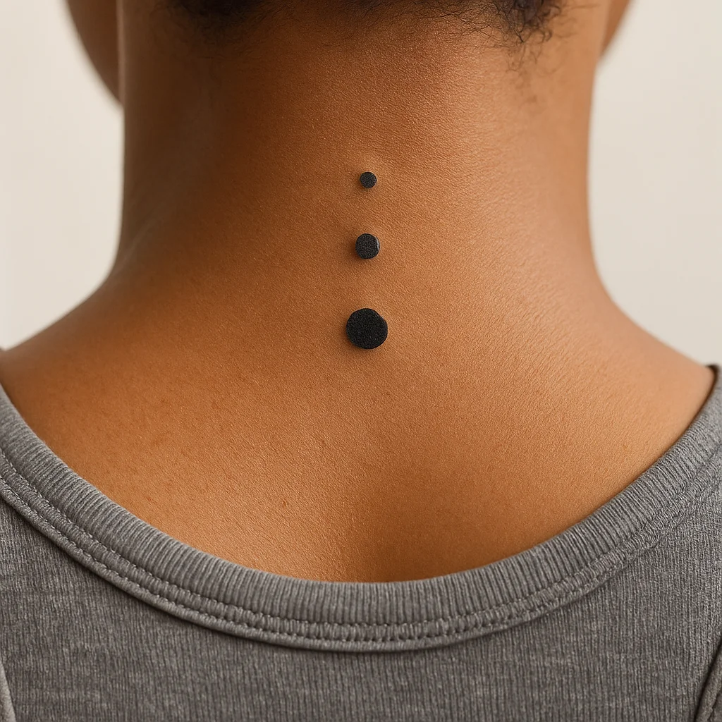 Three graduated dots in minimalist style tattooed down the centre of the nape