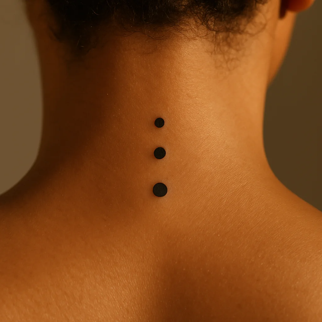 Three graduated dots minimalist tattoo on the nape of the neck at the base of the spine