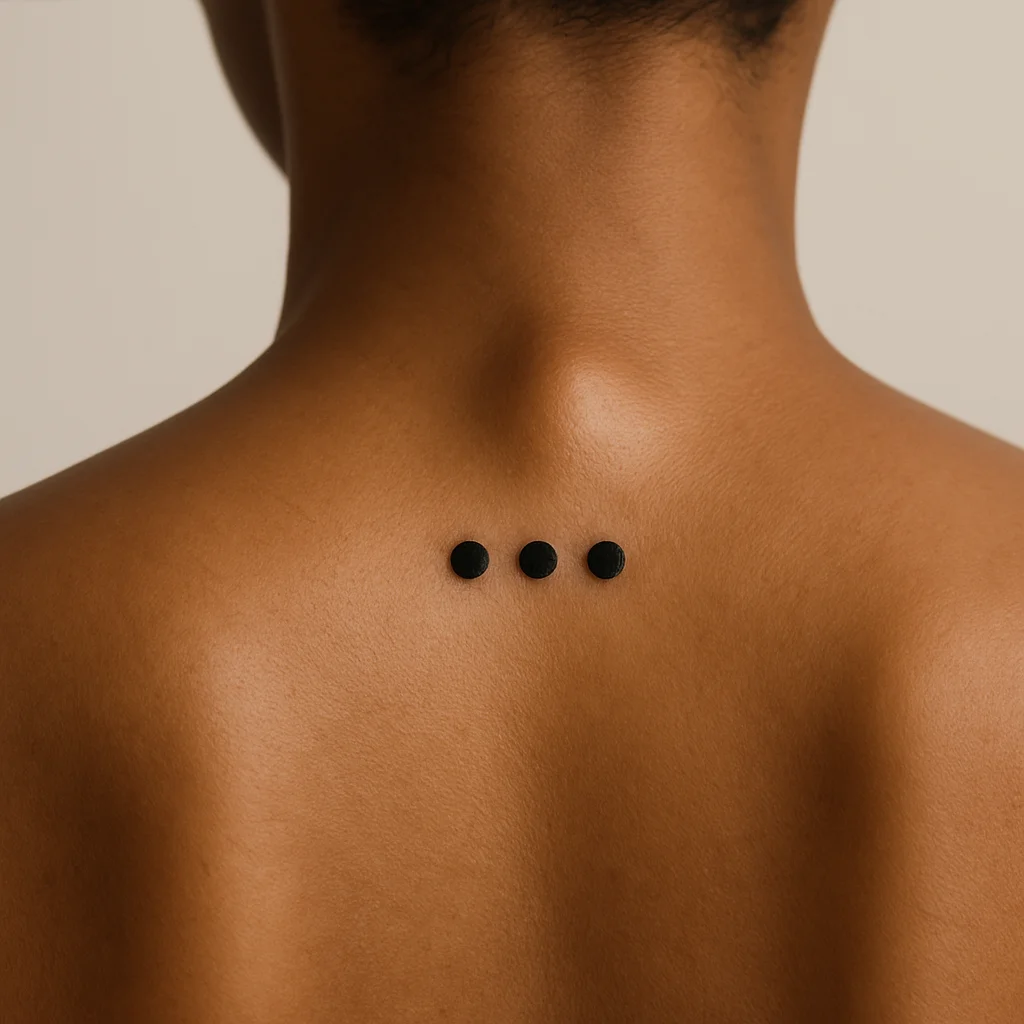 Three graduated dots tattoo in minimalist style on the C7 vertebra at the base of the neck