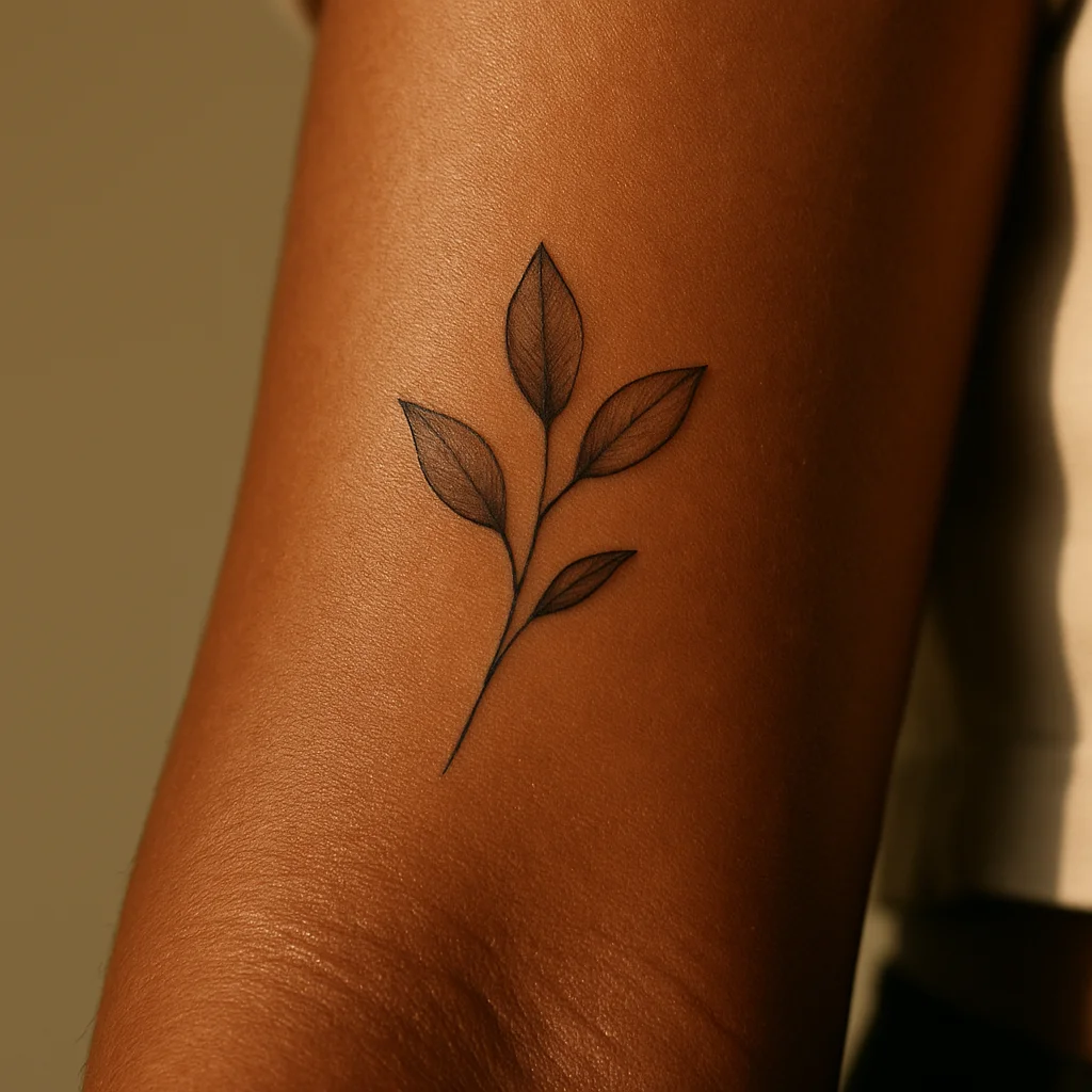 Three-leaf sprig with curved stem, fine-line micro botanical tattoo on inner forearm
