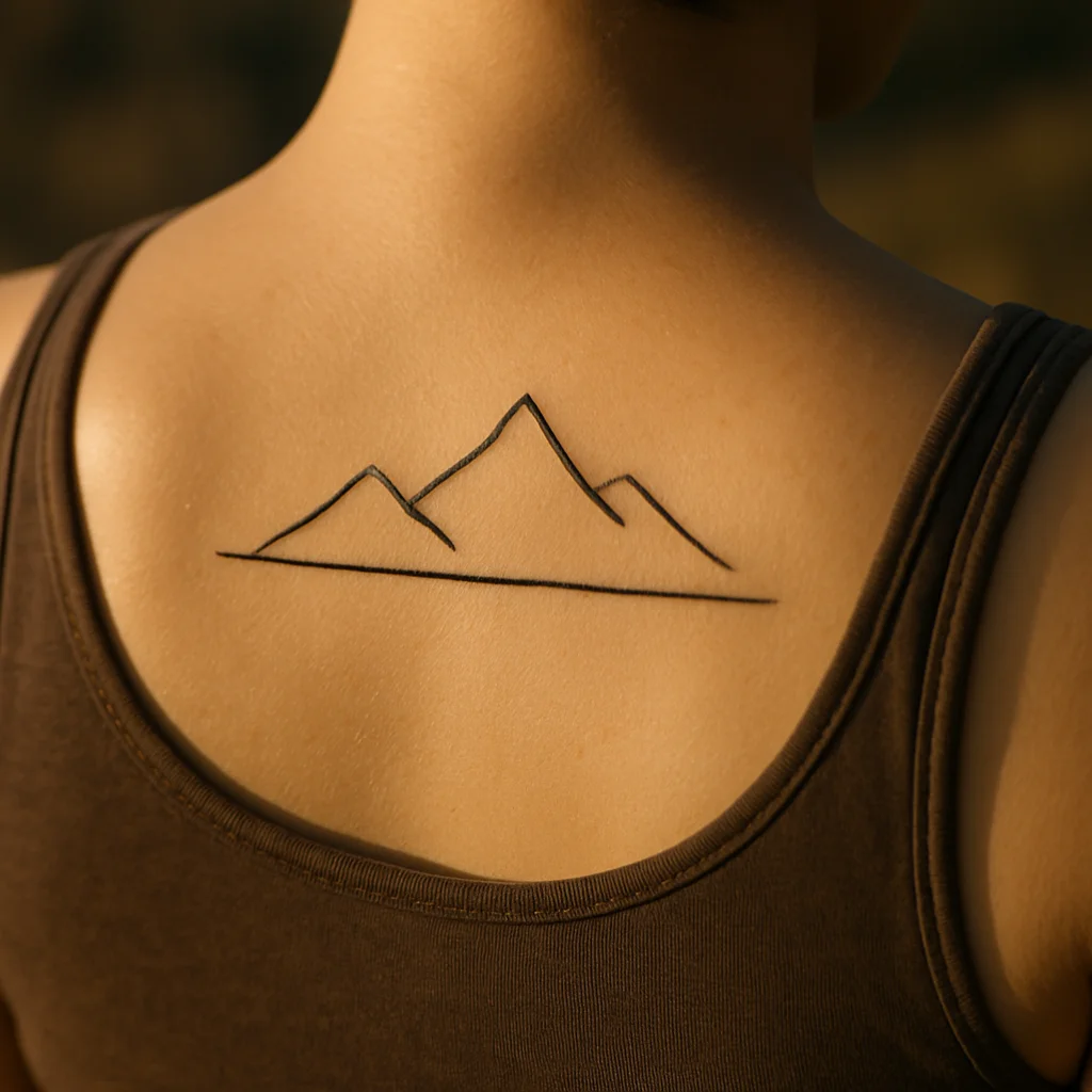 Three-line mountain range with two peaks and horizon, minimalist tattoo on upper back