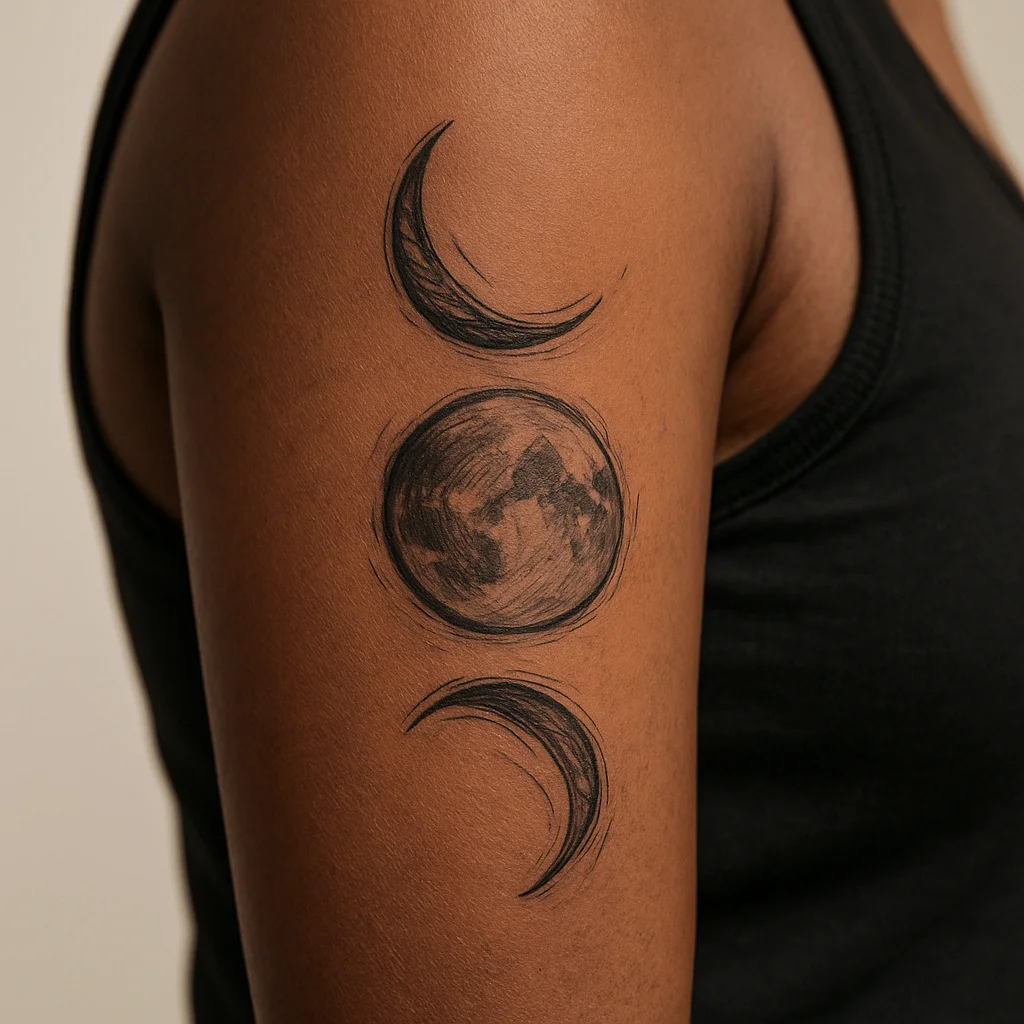 Three moon phases with soft grey wash full moon tattooed down the outer upper arm