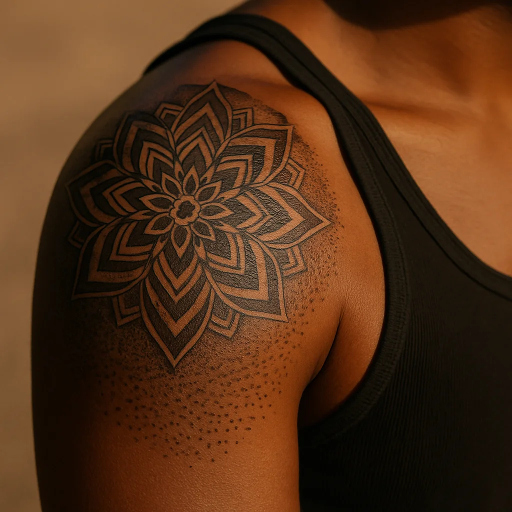 Three-quarter mandala shield tattoo over the deltoid with dotwork fade