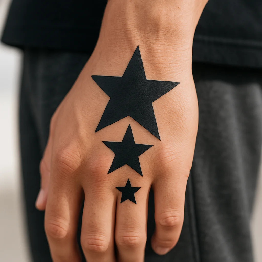 Three solid black stars in graduated sizes tattooed on the back of a woman's hand