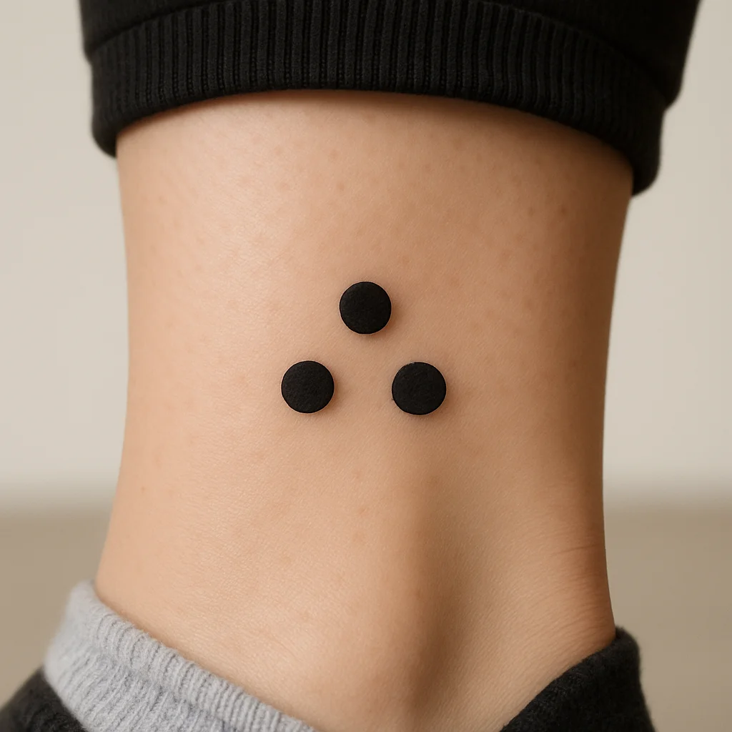 Three solid dots in a triangle formation tattooed on the inner ankle