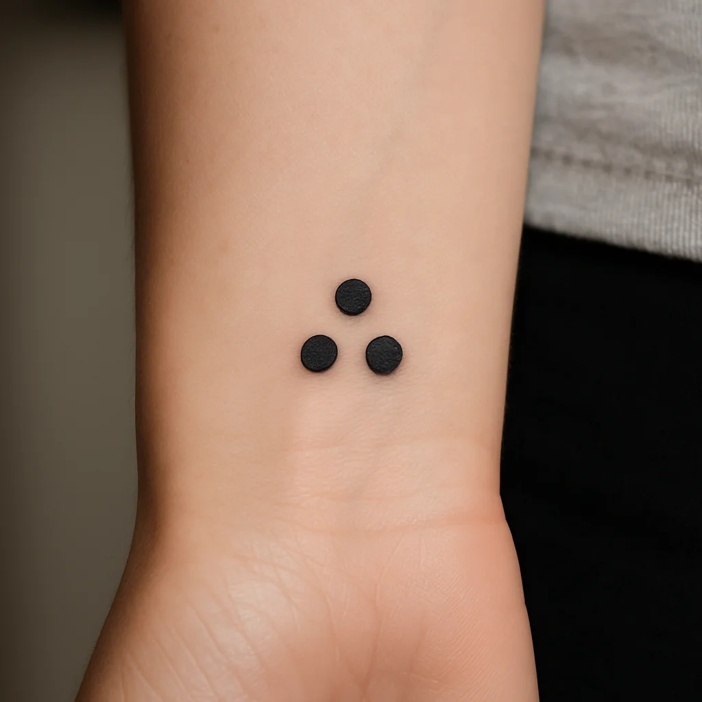 Three solid dots in a triangle tattooed small on the side of the wrist