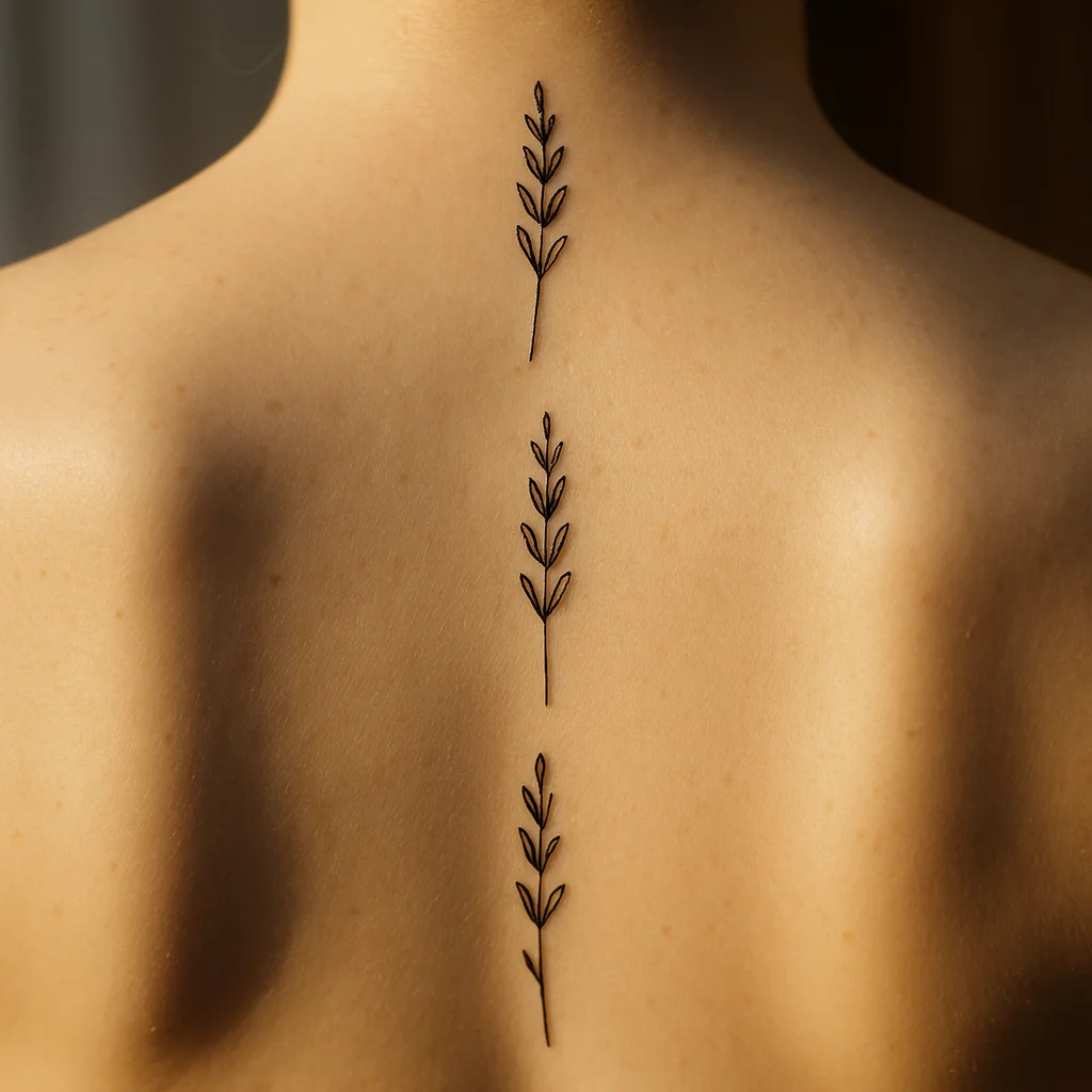 Three spaced lavender sprig tattoos implying the spine line from neck base to lumbar curve