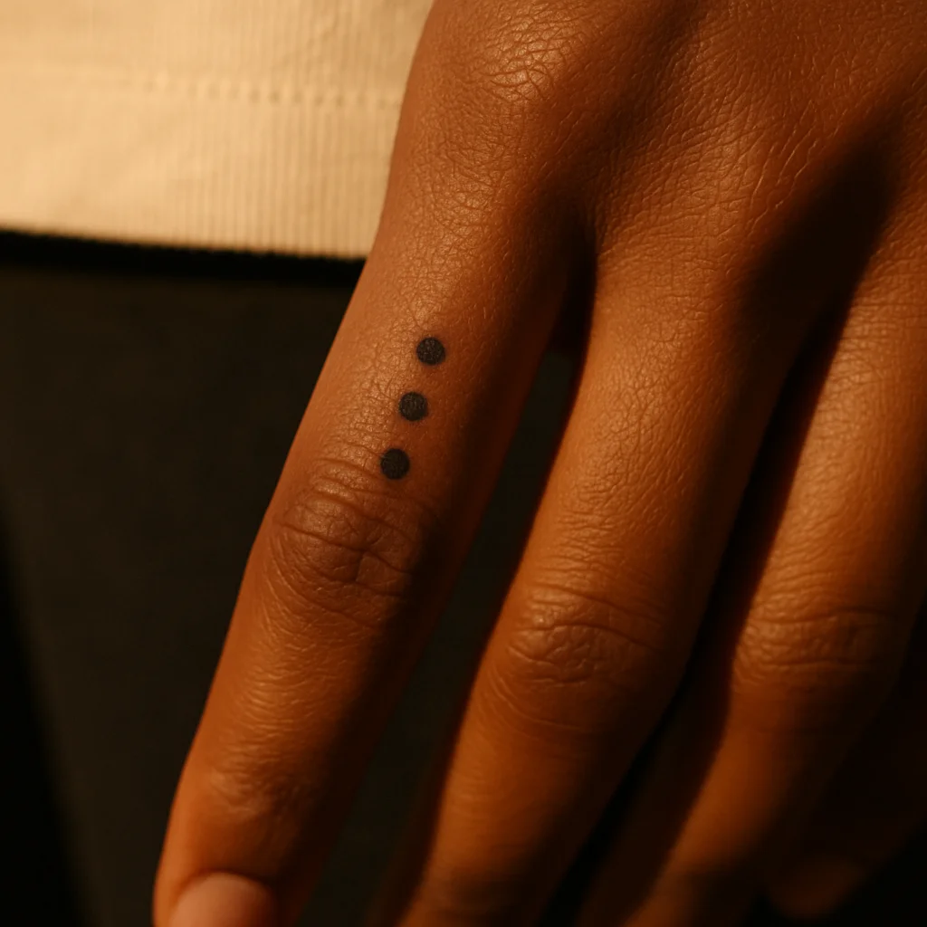 Three stacked dots tattooed on the outer edge of a pinky finger