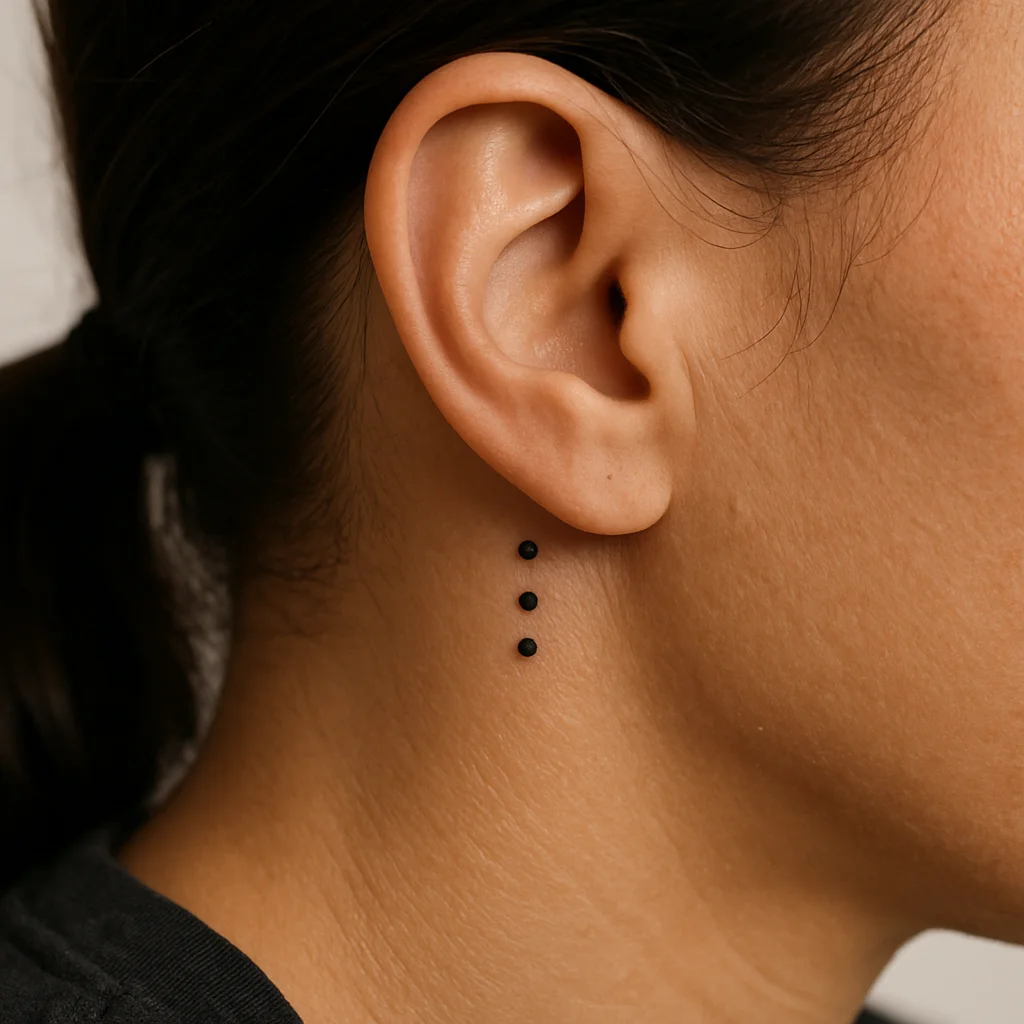 Three stacked dots tattooed vertically behind the ear along the hairline