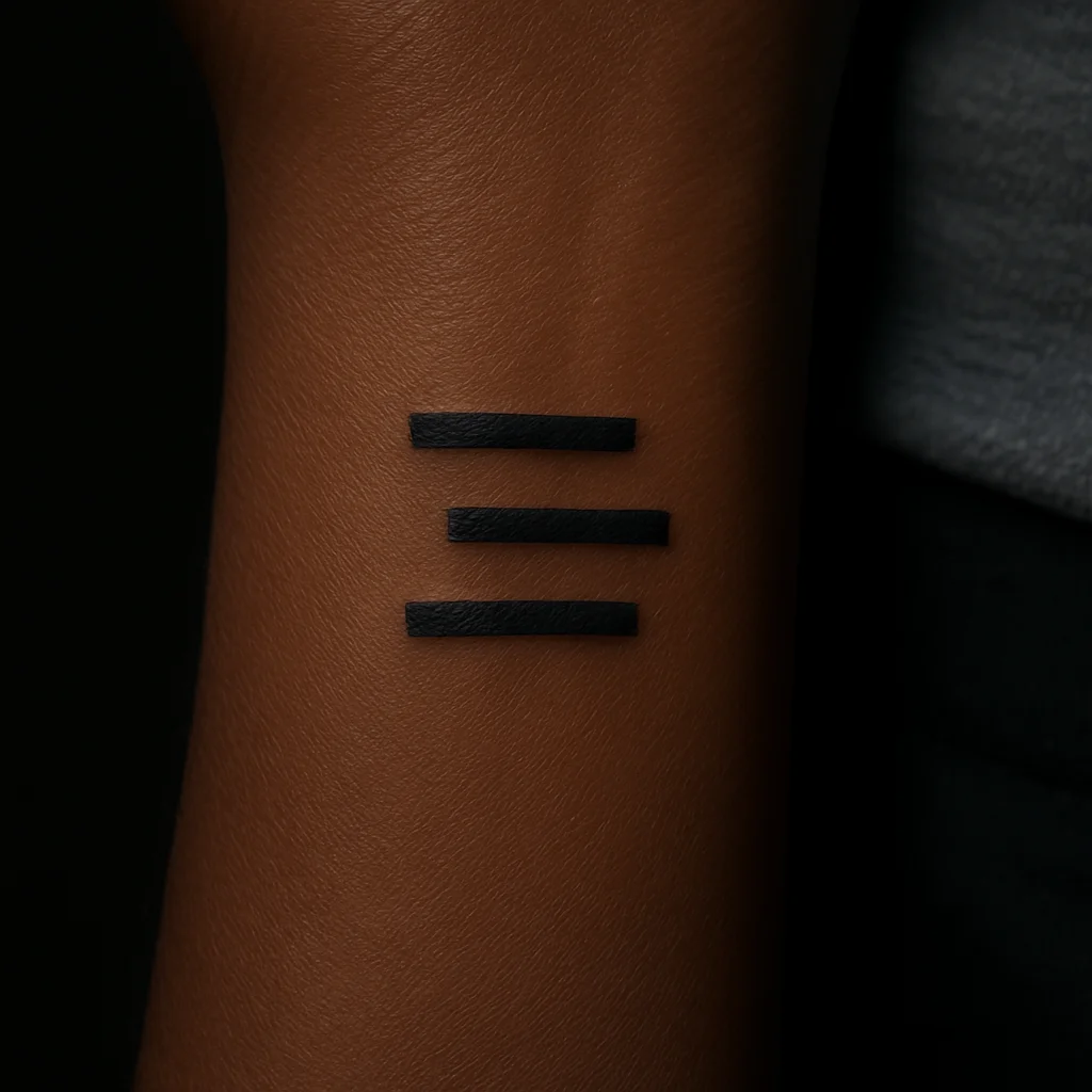 Three stacked lines of unequal length tattooed in minimalist style on the inner wrist