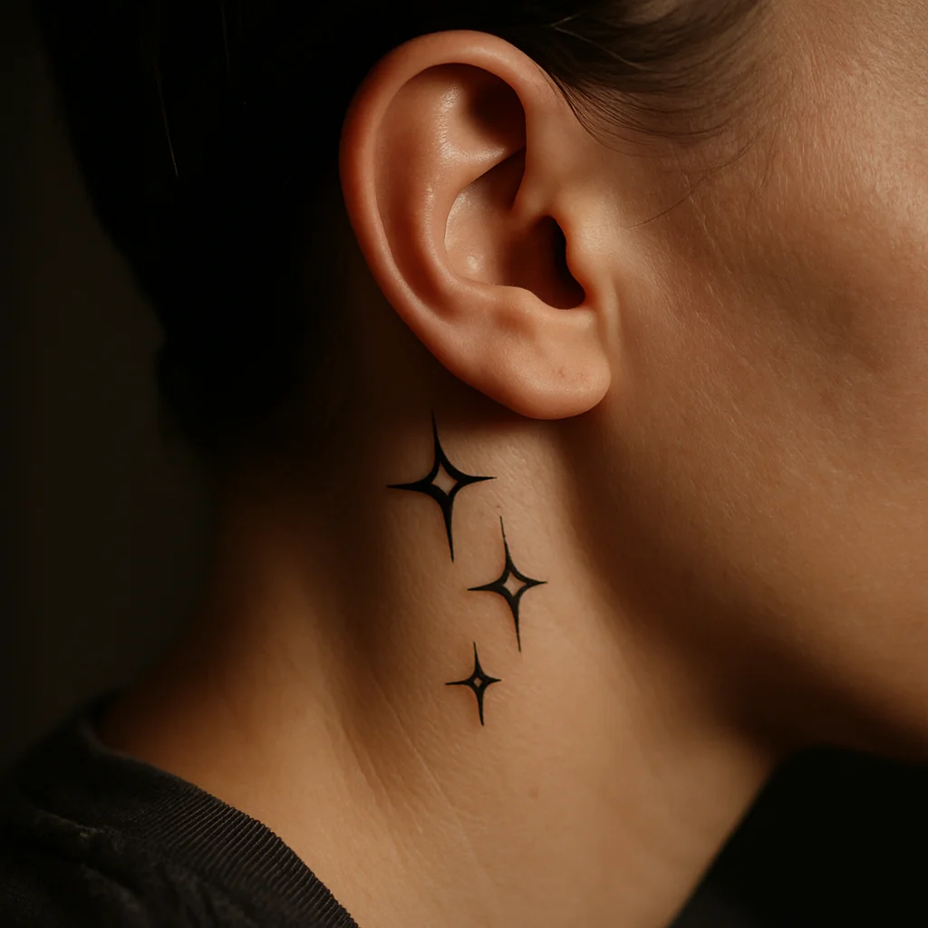 Three tiny solid black stars tattooed in a diagonal down the side of the neck
