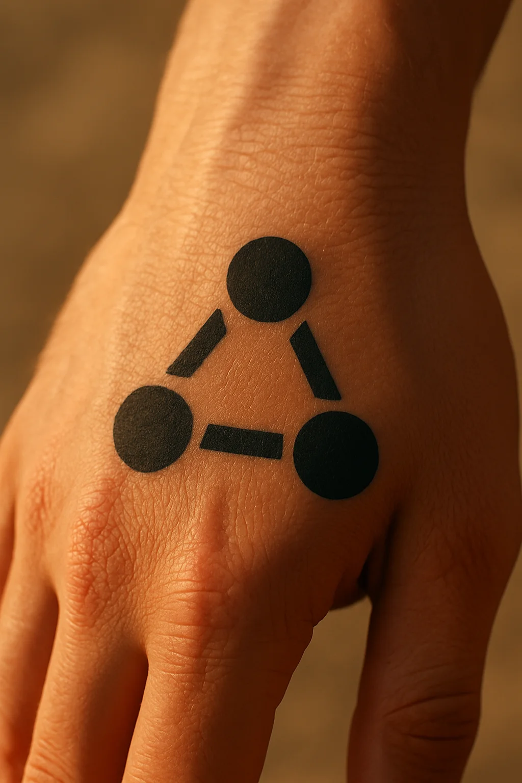 Three widely spaced dots forming a triangle, blackwork micro tattoo on the back of the hand