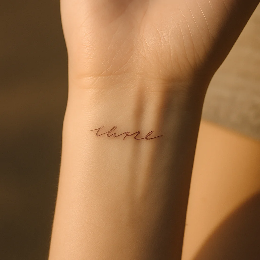 Three-word italic script tattoo running along the inner wrist crease