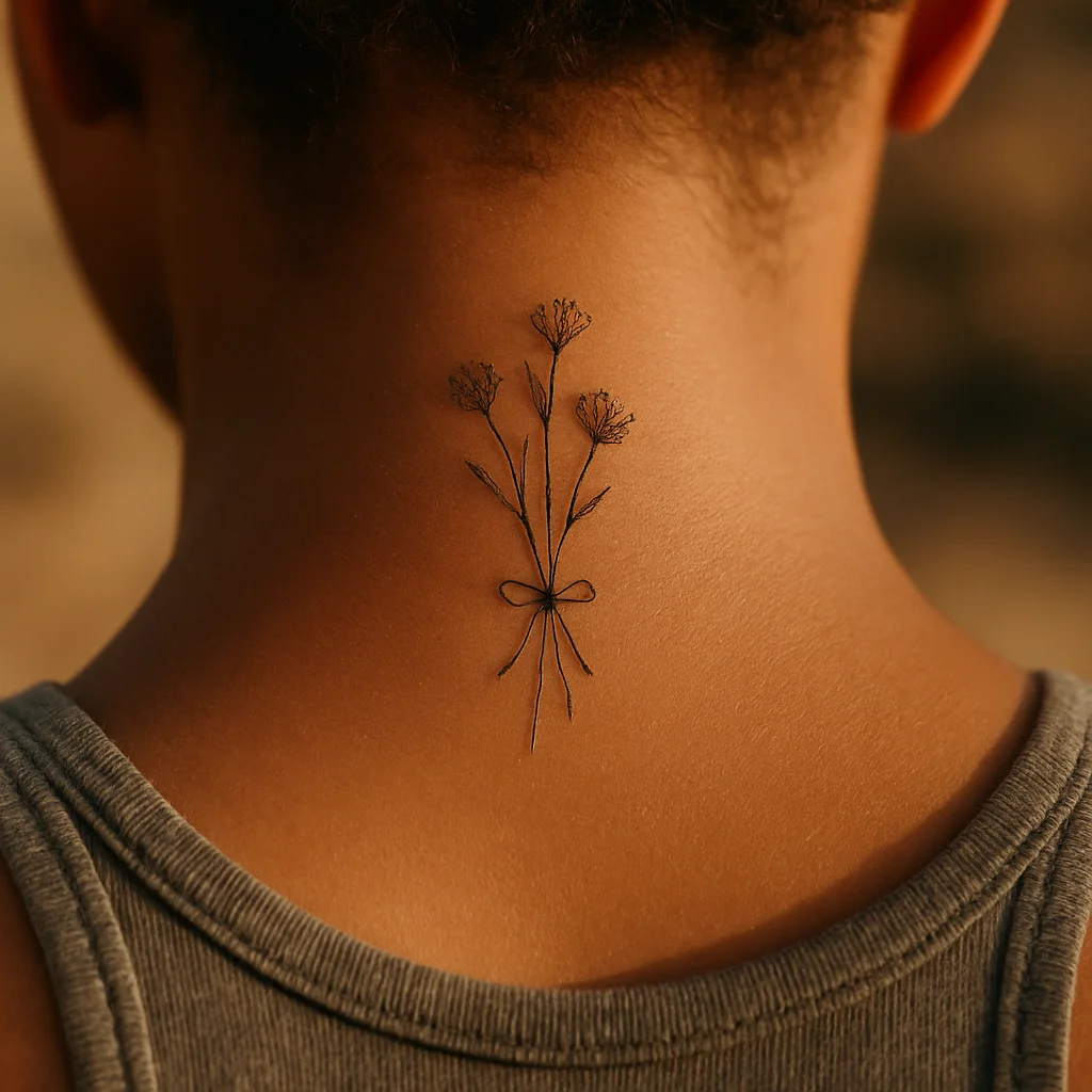 Tied muguet posy of lily of the valley with a ribbon tattooed at the nape of the neck