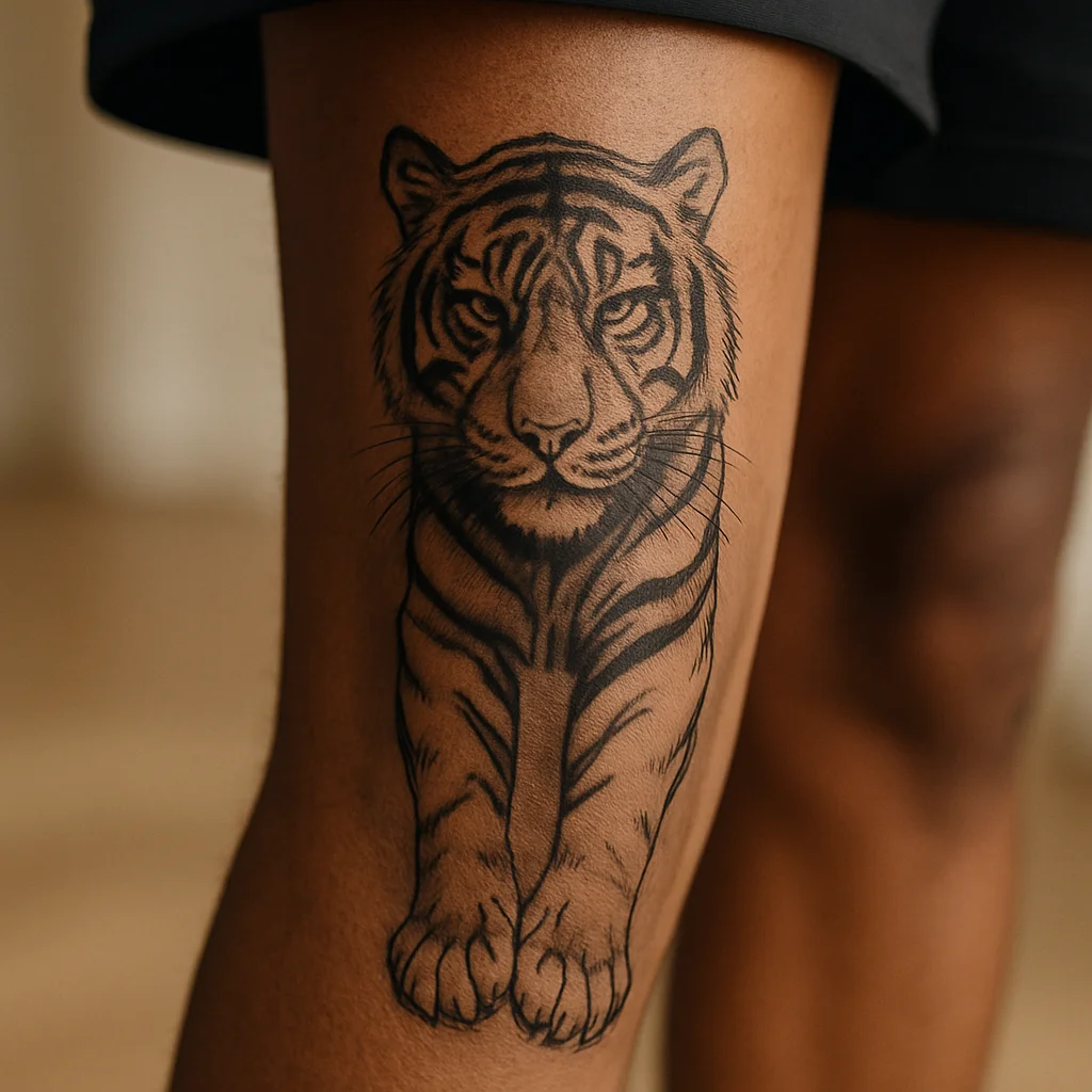 Tiger crawling down the shin as an illustrative lower leg sleeve from knee to ankle