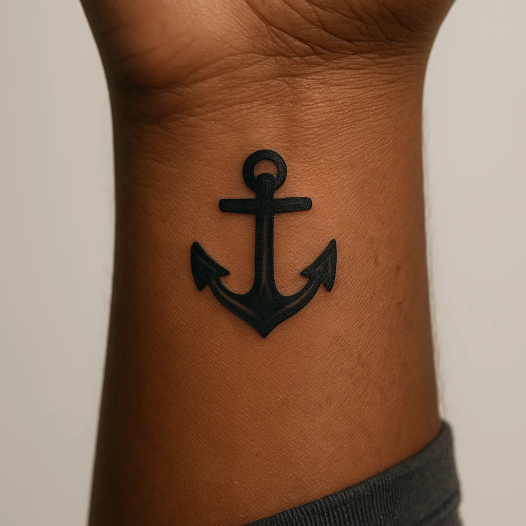 Tiny bold anchor tattoo in traditional style on the inner wrist