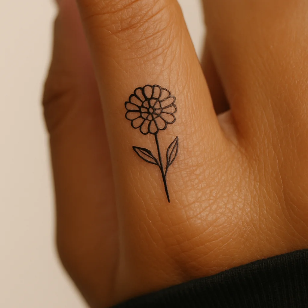 Tiny calendula marigold outline tattooed on the side of a finger in minimalist style
