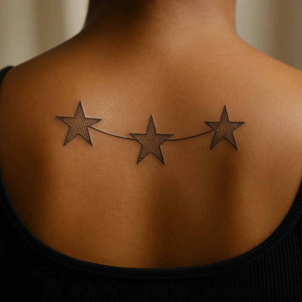 Tiny dotwork constellation tattoo across the upper back between the shoulders