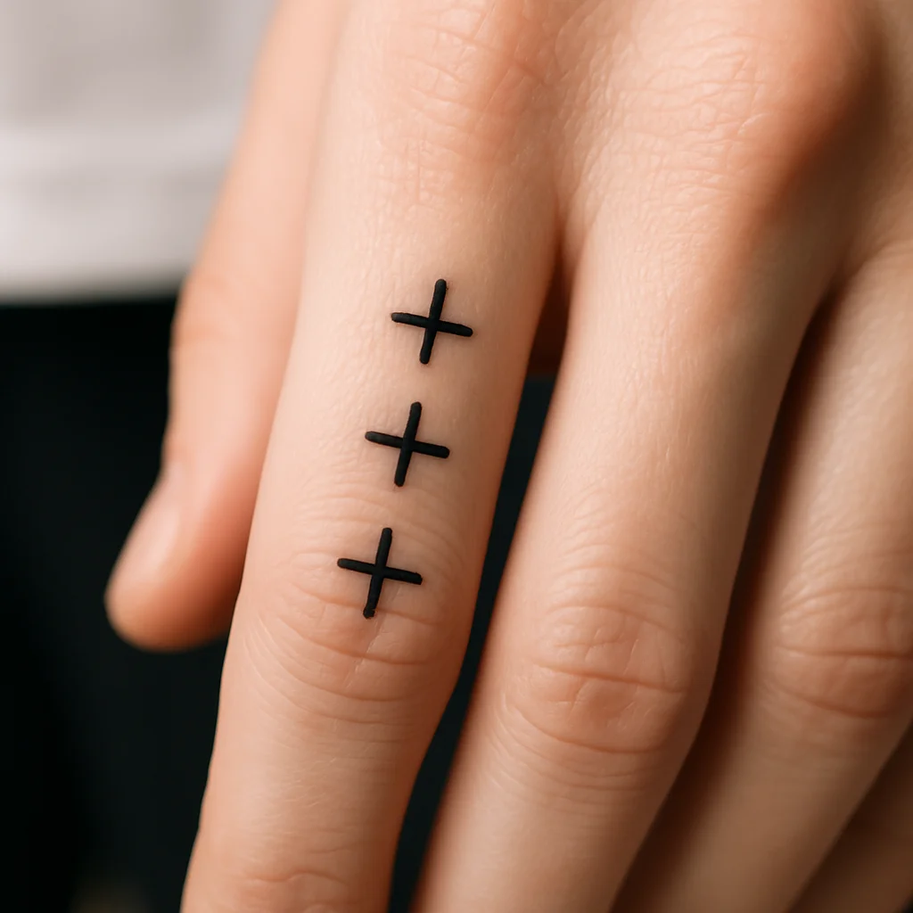 Tiny equal-armed cross tattoos placed above the knuckles on a woman's hand
