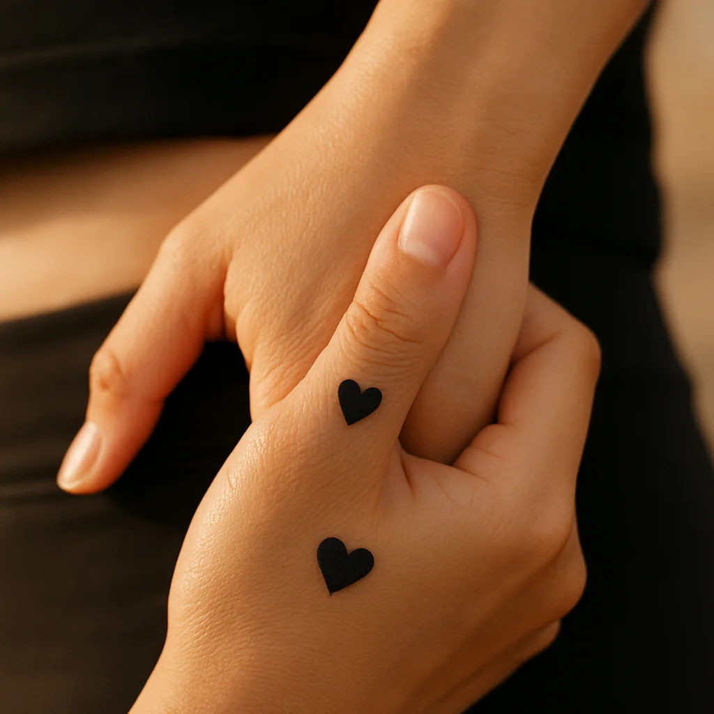 Tiny filled heart tattoo in the thumb web as a matching mother-daughter design