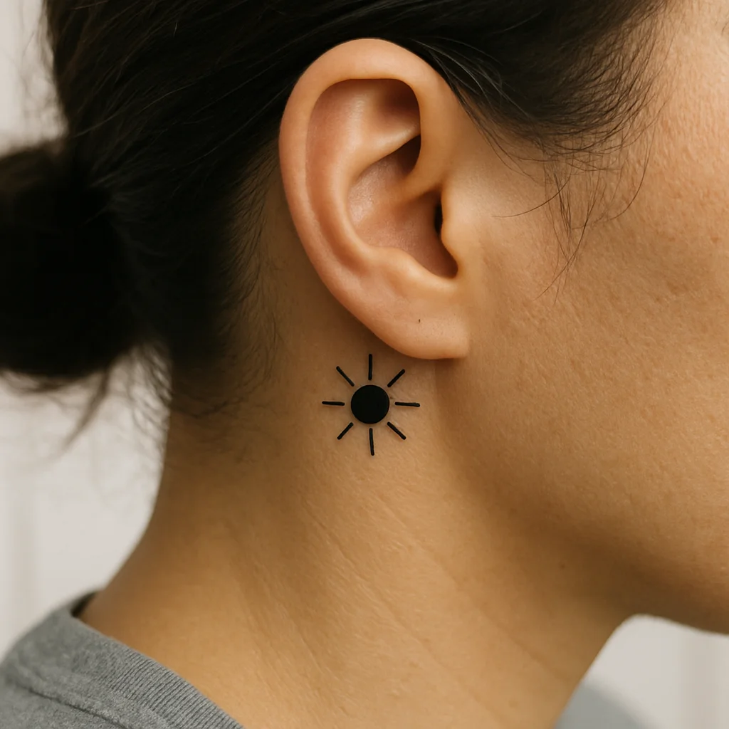 Tiny filled sun with six straight rays, minimalist tattoo behind the ear