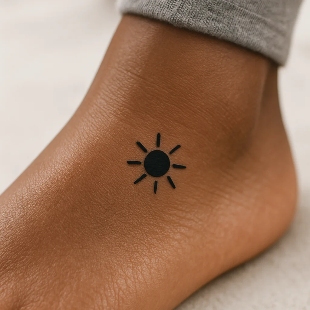 Tiny filled sun with six straight rays, minimalist tattoo on top of the foot